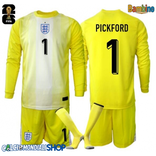 Maglie da calcio Inghilterra Giordania Pickford #1 Portiere Seconda Maglia Bambino Mondiali 2026  Manica Lunga + Pantaloni corti)